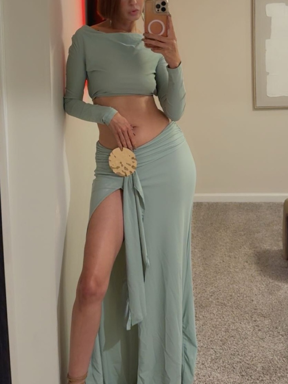 JLUXLABEL Sage Green Long Sleeve Two-Piece Maxi Dress with High Slit